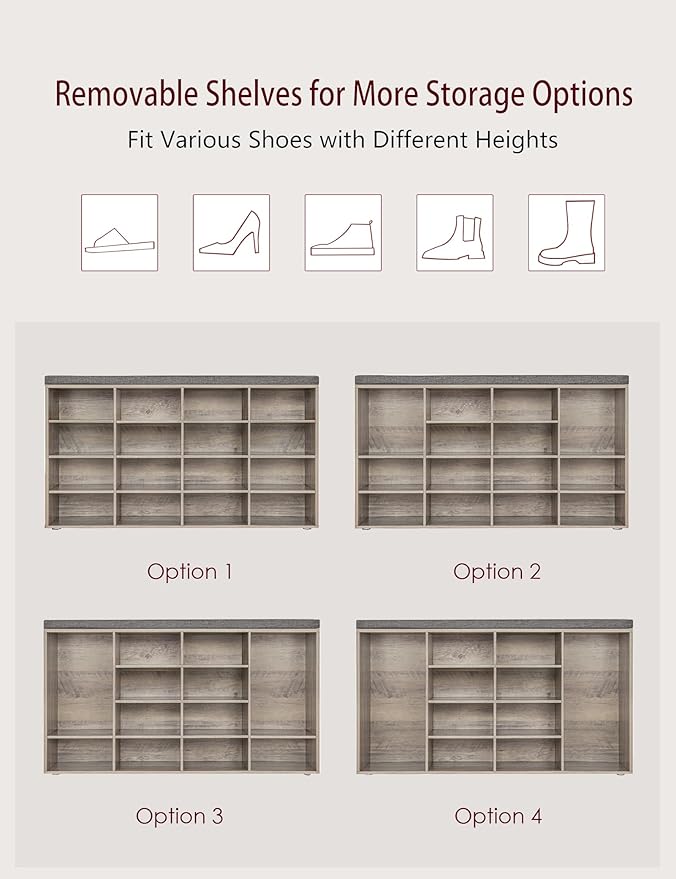 DINZI LVJ Shoe Storage Bench with Cushion, 16-Cubby Shoe Rack, Adjustable Shelves, Multifunctional Shoe Organizer Bench for Entryway, Mudroom, Hallway, Living Room, Bedroom and Garage, Greige