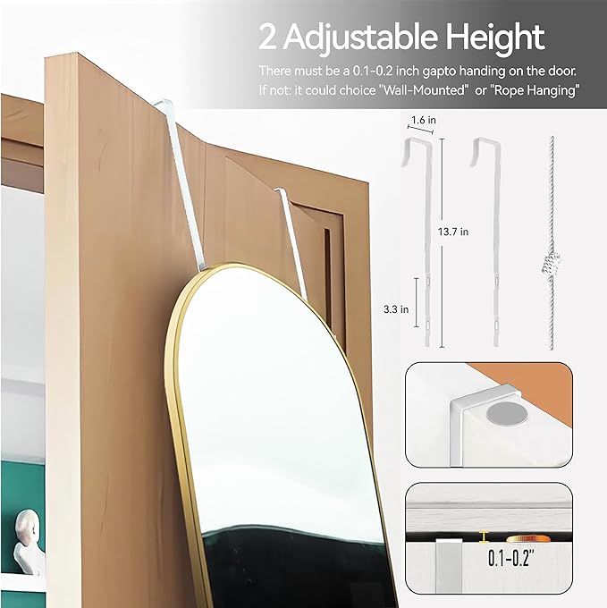 57x16 Door Hanging Full Length Mirror, Floor Stand (Height 5.7ft just Body in1.3ft) / Wall Mounted Metal Frame Arch Dressing Mirrors for Bedroom Living Room 57 inch Gold