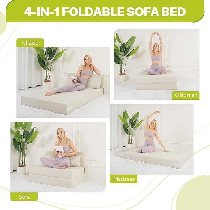 Fvkind Folding Sofa Bed, 4 in 1 Convertible Sleeper Sofa Bed Chair with Pillow, Twin Memory Foam Loveseat Futon Sleeper Chair, Foldable Futon Couch for Living Room, Bedroom, Guest Room, Beige