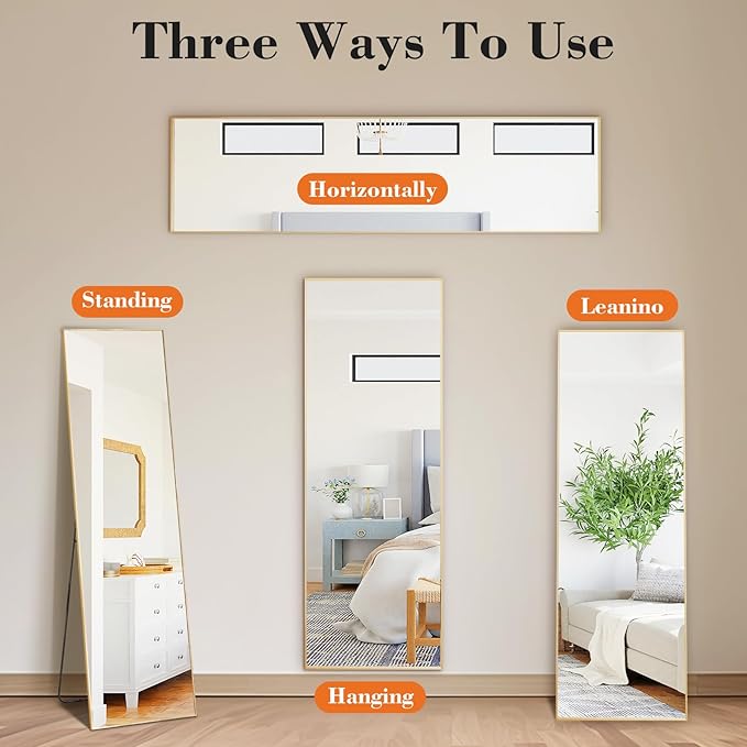 OLIXIS Full Length Mirror 59"x16.3" for Bedroom, Full Body Mirror with Stand, Hanging or Leaning for Wall, Aluminum Alloy Thin Frame Floor Standing for Living Room, Long, Gold