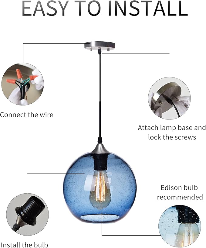 ARIAMOTION Pendant Lighting for Kitchen Island Hand Blown Glass Modern Blue Bubbles Light Over Sink Bar Bedroom Vintage Globe 8.7 InchDiam