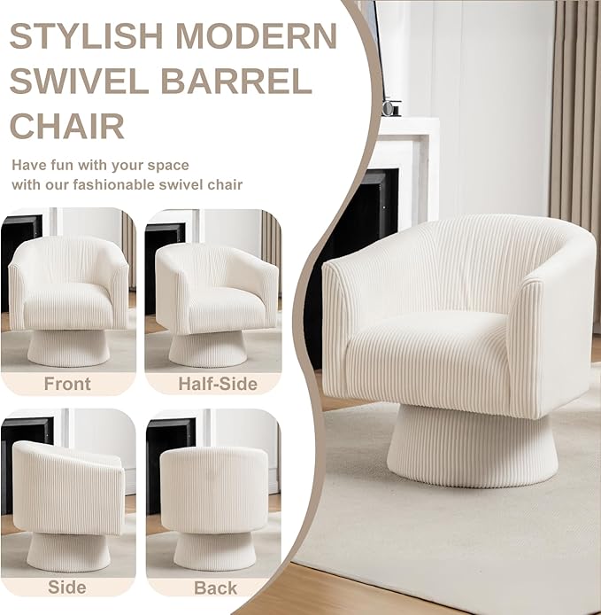Swivel Accent Chair, Modern 360° Barrel Chair, Corduroy Upholstered Single Sofa for Living Room, Bedroom(Beige)