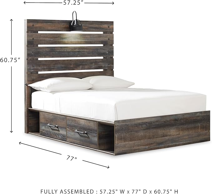 Signature Design by Ashley Drystan Rustic Full Panel Platform Bed with 2 Storage Drawers, Open Cubbies, Sconce LED Light and USB Ports, Foundation or Box Spring Not Needed, Dark Brown & Gray