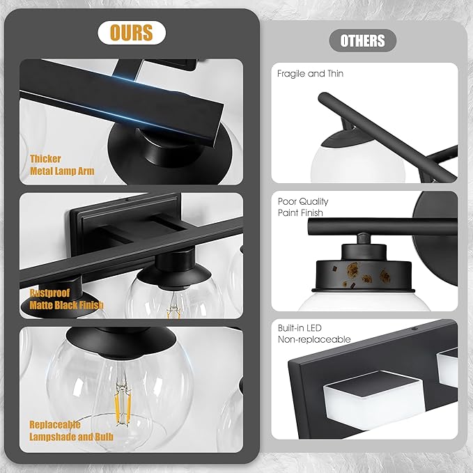 PAZALA 4-Lights Bathroom Vanity Light, Modern Bathroom Lighting Fixtures with Globe Glass Shade, 30in Matte Black Wall Sconce for Bath Over Mirror Kitchen Cabinet Bedroom Hallway Farmhouse, E26 Base