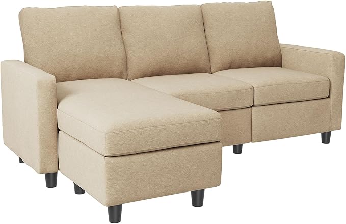 HONBAY L Shaped Couch with Linen Fabric,Convertible, Reversible Sectional Sofa for Small Space, Dark Beige