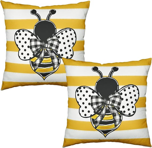 Summer Bee Pillow Covers 16x16 Set of 2 Yellow White Striped Bumblebee Pillow Cases Spring Honey Bee Holiday Decorative Cushion Case for Bed Couch Sofa