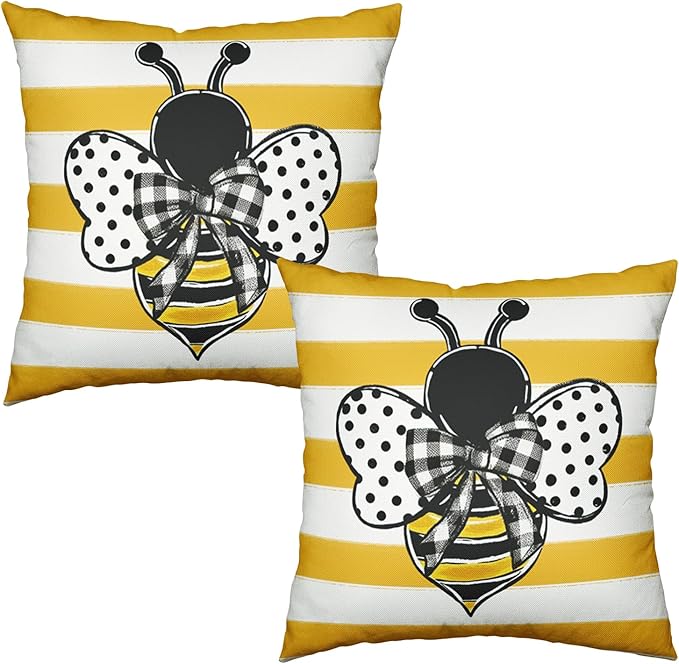 Summer Bee Pillow Covers 22x22 Set of 2 Yellow White Striped Bumblebee Pillow Cases Spring Honey Bee Holiday Decorative Cushion Case for Bed Couch Sofa