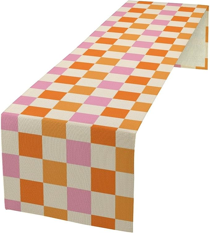 Hippie Table Runner Vintage Geometric Square Grid Yellow Orange Pink 1960s 1970s Retro Country Farmhouse Dinner Runner for Living Room Kitchen Party Holiday Dinner Home 13x120in