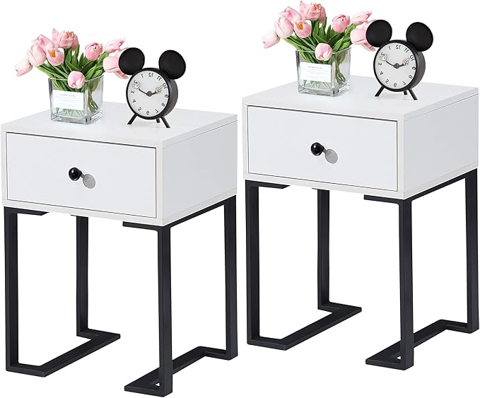 VECELO Modern Nightstand Set of 2 with Drawer End, Side Table for Bedroom, Living Room, Small Space, Night Stand with Open Shelf, Stable Metal Frame, White