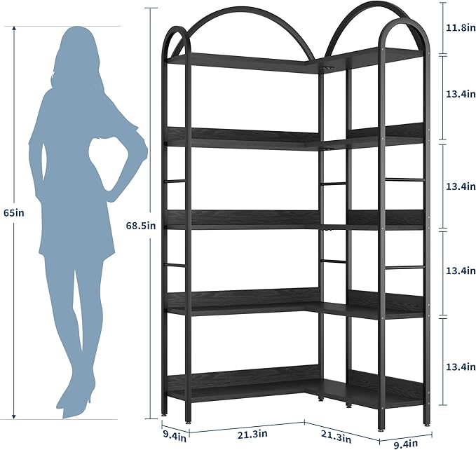 GarveeHome Arched Bookshelf Corner Bookcase, L Shaped Bookshelf Industrial Corner Bookshelves, Large Bookcase with Metal Frame, Corner Shelf Arch Display Rack for Living Room Bedroom