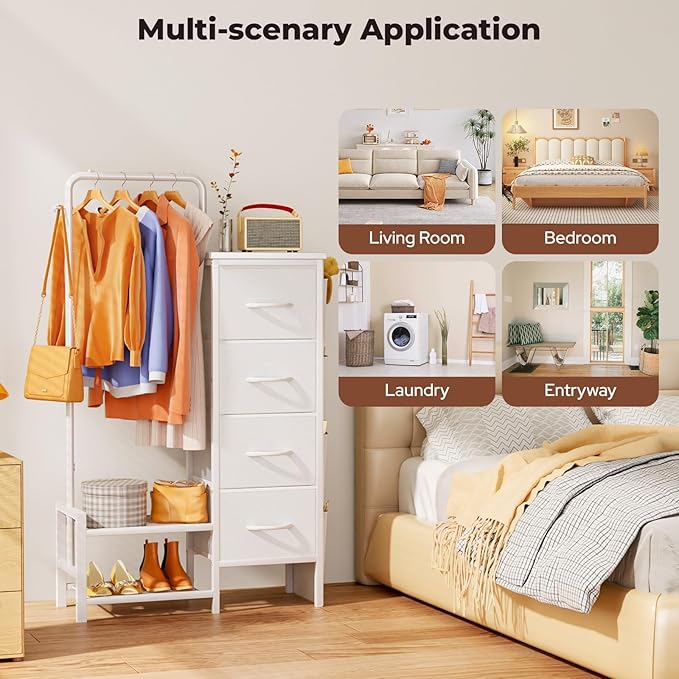 Dresser with Hanging Rack - 52" Tall Clothes Rack with Drawers, 4 Drawers & 4 Side Bags, Fabric Chest of Drawers with with Bottom Shelves, Kids Dresser for Bedroom, Living Room-White