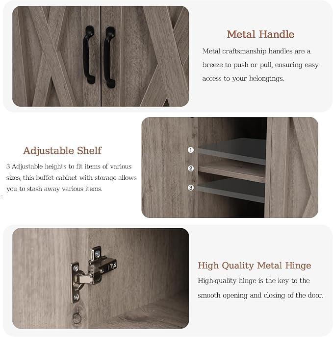 Sideboard Cabinet with Drawers, 47" W Sideboard Buffet Storage Cabinet with Storage for Kitchen, Farmhouse Coffee Bar Cabinets with Shlves and Doors for Hallway, Gray