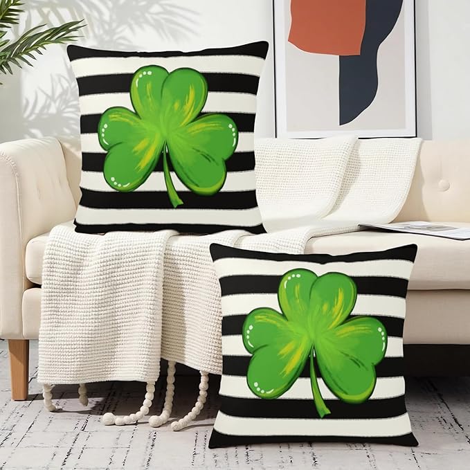 St Patricks Day Throw Pillow Covers 24x24 Set of 2 Black White Striped Green Shamrock Clover Pillow Covers Holiday Spring St Patricks Decorative Pillow Cases for Bed Couch Sofa