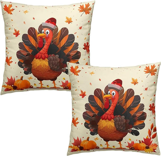 Thanksgiving Turkey Pillow Covers Turkey Pumpkin Fallen Leaves Outdoor 20x20 Pillow Cases Set of 2 Thanksgiving Fall Pillowcase Autumn Farmhouse Decorative Throw Cushion Cases for Home Couch Sofa