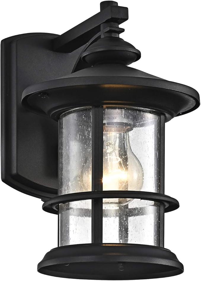 MICSIU 100W Max Modern Industrial Outdoor Wall Light, 10 Inch Textured Black Metal Exterior Sconce, Clear Seedy Glass Porch Light for Entryway, Garage, or Bathroom