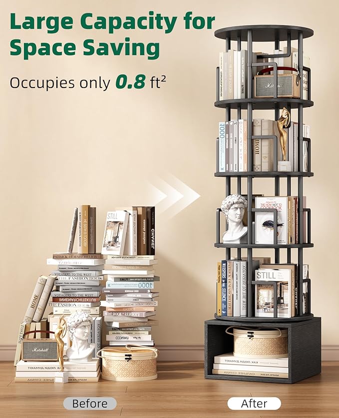 5 Tier Rotating Bookshelf with Extra Storage Cabinet, 360°Spinning Corner Bookshelf, Floor Standing Bookcase for Kids & Adult, Narrow Book Shelf for Bedroom Living Room, Pure Black