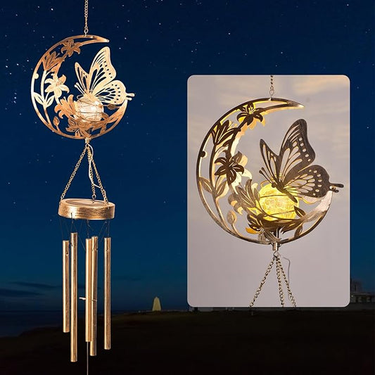 Butterfly Wind Chime for Outside - Elegant Moon & Floral Design, Handmade Aluminum Wind Chimes for Garden/Lawn, Soothing Porch Bells, Perfect Mother's Day/Birthday Gift for Women Butterfly Collectors