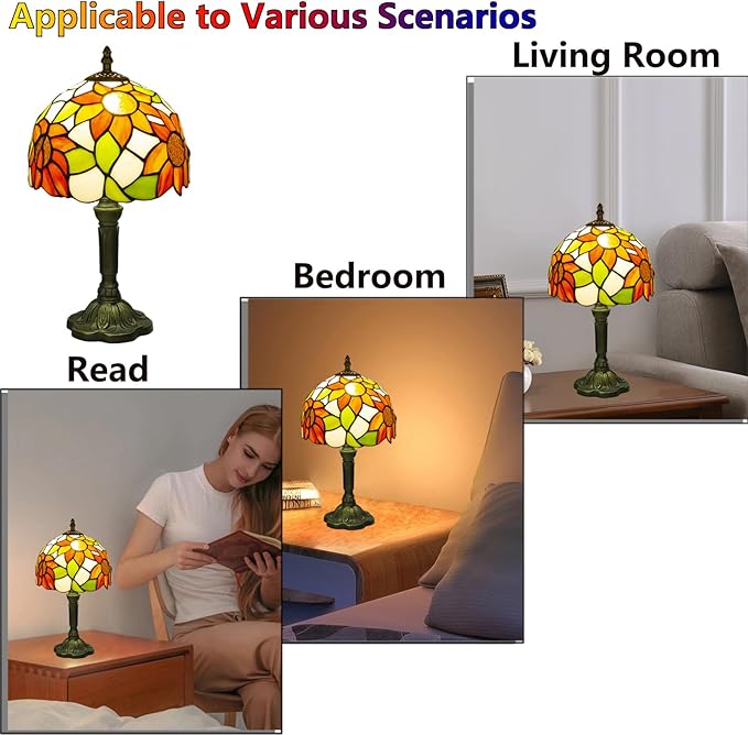 Crefotu Tiffany Style Table Lamp, 3 Color Temperatures Bedside Lamp, 8 Inch Stained Glass Desk Light for Home Office Bedroom Living Room (Sunflower Pattern)