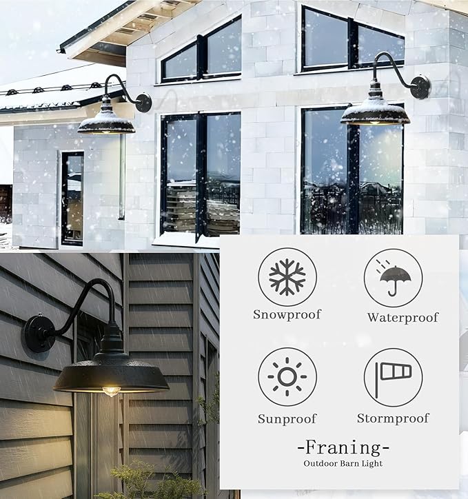 18 Inch Large Barn Light Outdoor Gooseneck Lights 2-Pack, Waterproof and Rust-Resistant Dusk to Dawn Barn Light for Patio, Porch, Farmhouse, Gooseneck Lighting…