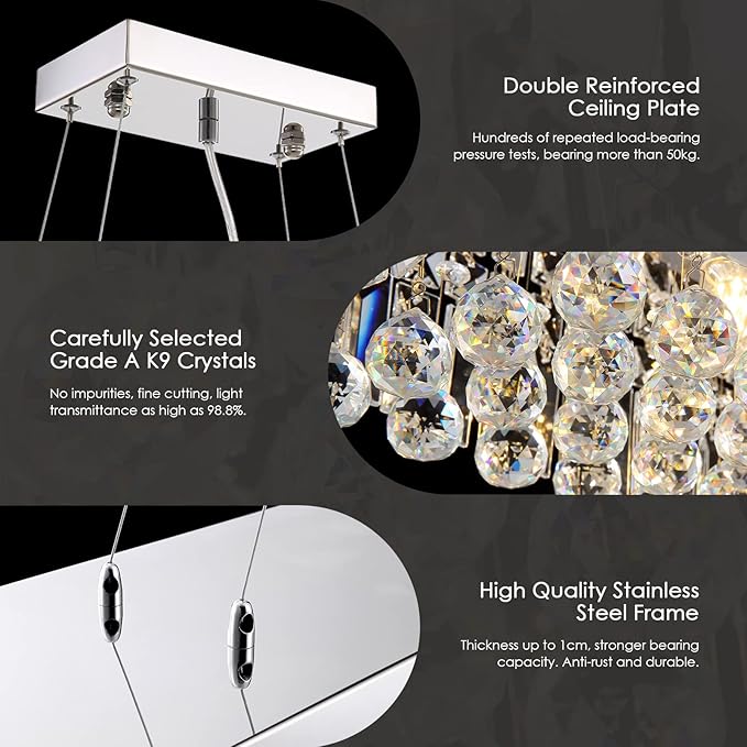Siljoy 8 Lights Modern Crystal Chandeliers, Rectangular K9 Crystal Raindrop Chandelier, Rectangle Pendant Ceiling Light for Dining Room Kitchen Island, Adjustable Hanging Height, L40 x W10 x H10