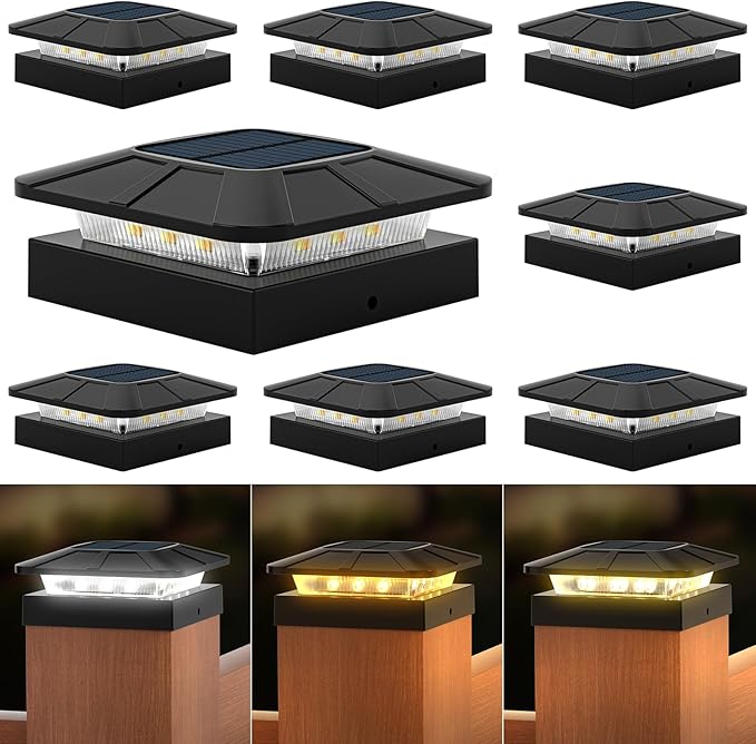 4x4 Solar Post Cap Lights Outdoor [8 Pack Waterproof IP65], 3 Lighting Modes for Fence Deck Patio Garden Decor, Dusk-to-Dawn Solar Powered Post Lights Fit 4x4 Wood/Vinyl