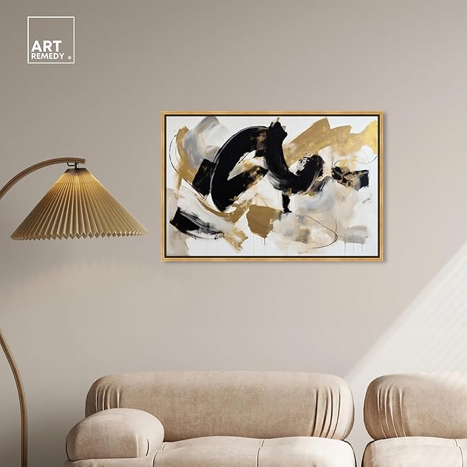 Art Remedy Moved Abstraction Canvas Modern Black White Abstract Wall Art, Gold Frame, 36" x 24"
