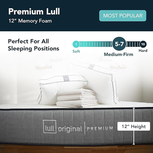 Lull Premium 12 Inch Twin Mattress – 5 Layer Memory Foam Mattress – Highest Density Bed in a Box with Cooling Tech & Therapeutic Support – Durable with Medium-Firm – 365 Night Trial, White-Grey