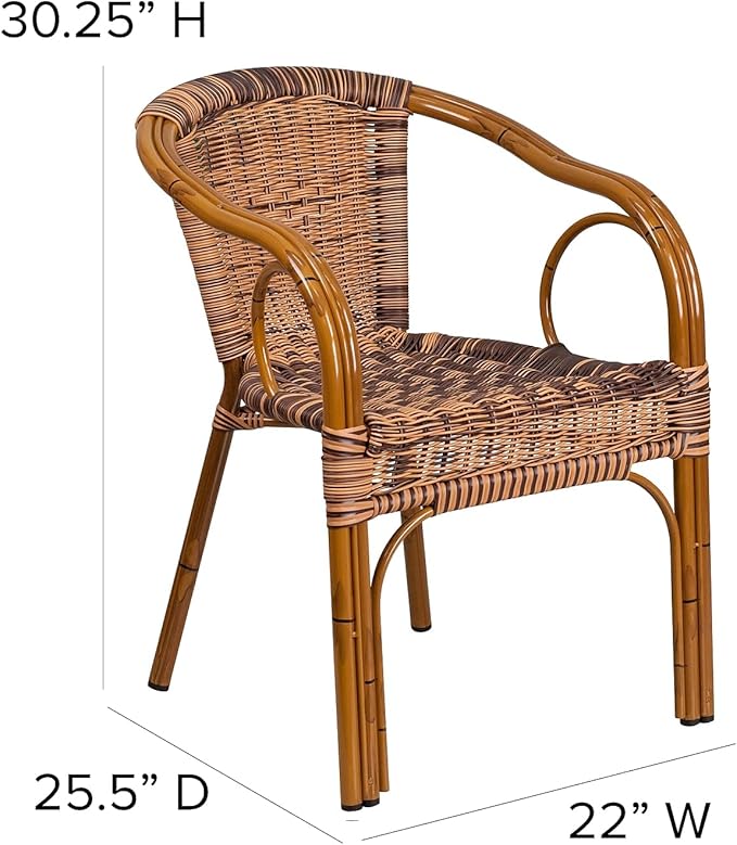 Flash Furniture Cadiz Series Dark Red Bamboo-Aluminum Indoor-Outdoor Restaurant-Patio Chair with Burning Brown Rattan