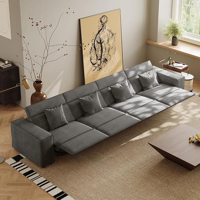 145" Minimalist Power Reclining Sofa for Living Room, Modular Reclining Couch with Performance Fabric, Mid Century Modern Sofa, Pet Friendly, Free Combination for Home, Dark Gray