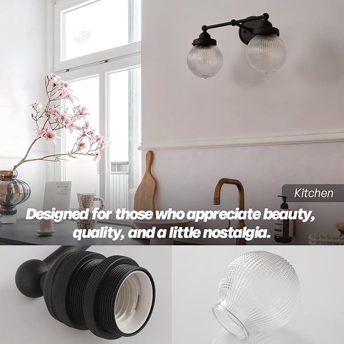 Vintage Double Arm Brass Wall Sconce Lighting, Clear Ribbed Glass 2-Lights Bathroom Vanity Light Fixture for Dining Room Bedroom Living Room Corridor