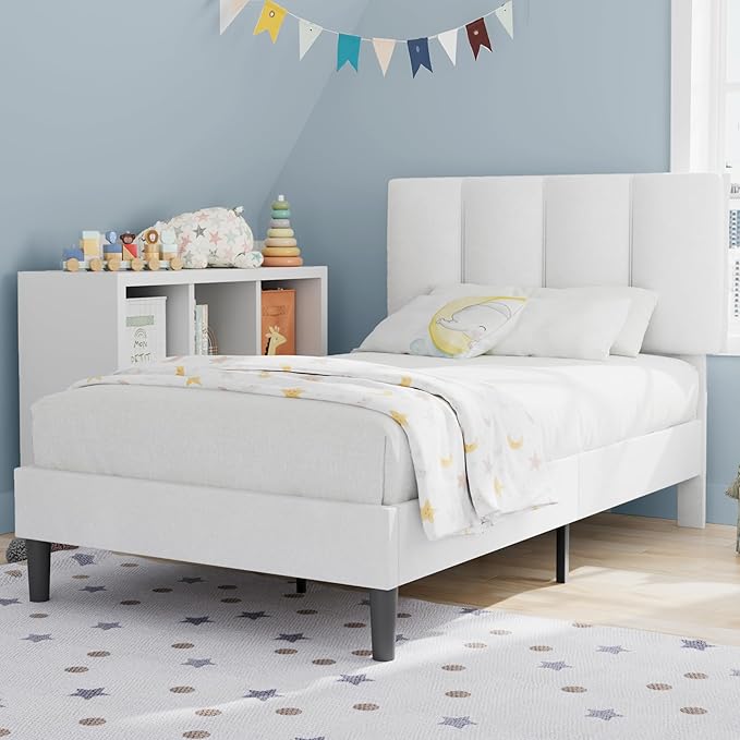 VECELO Twin Size Bed Frame with Upholstered Headboard, Heavy-Duty Bedframe with Wooden Slats & Steel Framework, Easy Assembly, Pure White
