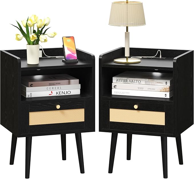 Night Stand Set 2, Nightstands Set of 2 with Charging Station, Rattan Side Tables with Solid Wood Legs, Boho Bedside End Table for Farmhouse Bedroom Dorm Small Space - Black