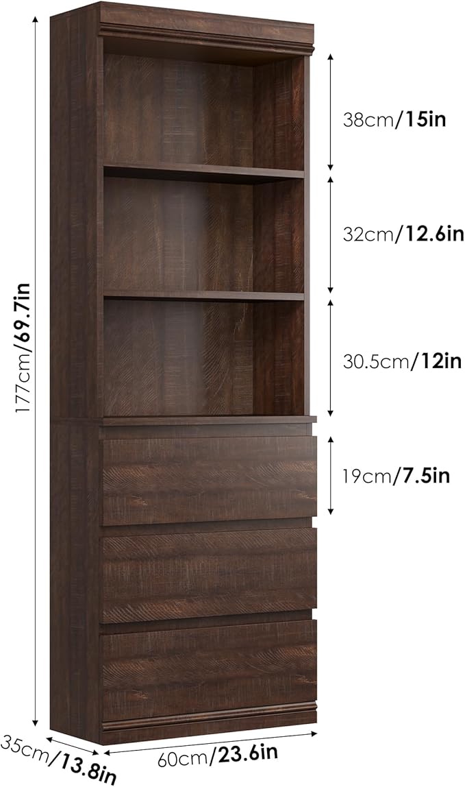 IDEALHOUSE 70" H Bookcase with 3 Storage Drawers,Tall Bookshelf w/ 3-Tier Open Shelf, Morden Storage Bookcase Wooden Deep Bookshelves Storage Cabinet Organizer for Library Office Living Room (Brown)