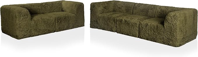 Furniture of America Havyn Modern Faux Fur 5-Seater Modular Sofa and Foam Loveseat Set with Arms & Deep Seat, Compressed Couch in a Box, No Assembly Required, for Living Room and Office, Olive Green