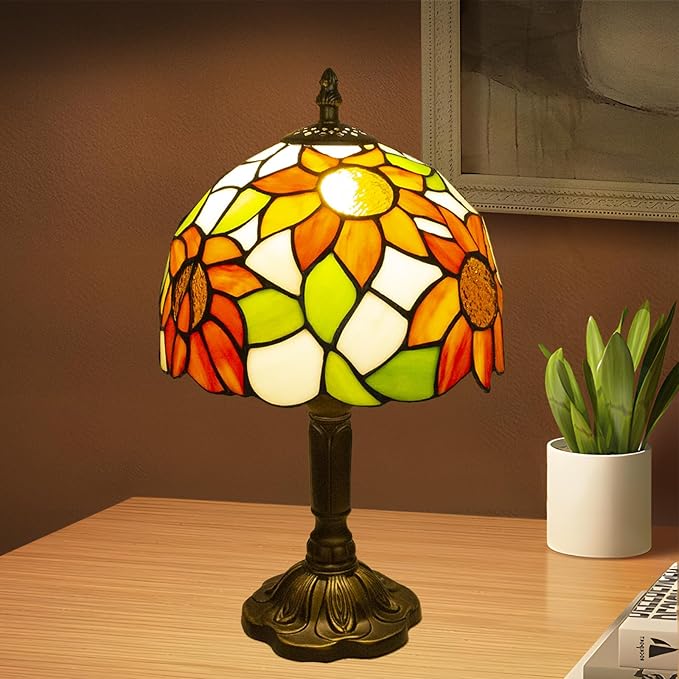 Crefotu Tiffany Style Table Lamp, 3 Color Temperatures Bedside Lamp, 8 Inch Stained Glass Desk Light for Home Office Bedroom Living Room (Sunflower Pattern)