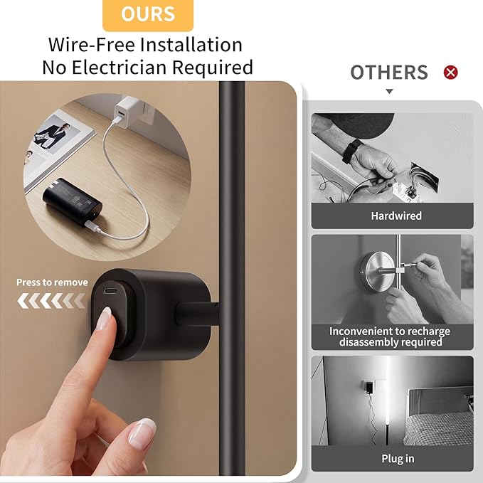 ONEWISH Battery Operated Wall Sconces Set of 2, 27.75" Rechargeable Wall Lights with Remote & Removable Battery, 3-Color Dimmable Wireless Sconces for TV Wall Decor, Picture Light, Bedroom, Black
