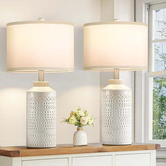 Set of 2 Modern Cream White Ceramic Table Lamps, 23.5" Elegant Farmhouse Bedside Lamps with White Linen Shade, Vintage Nightstand Lamps for Bedroom, Living Room & Entryway (Bulbs Not Included)