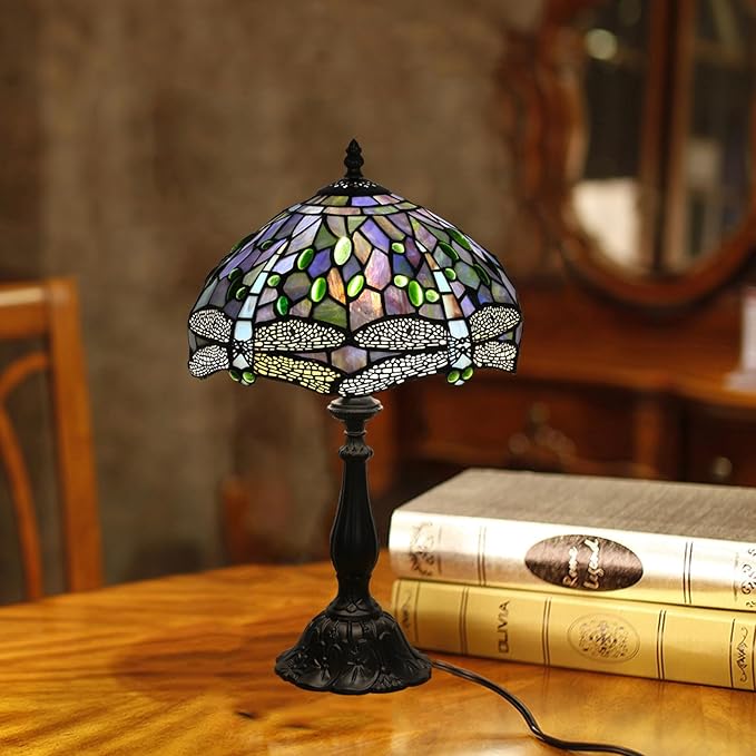 Tiffany Table Lamp Blue Dragonfly Stained Glass Table Lamps for Bedroom 12X12X19Inch 3 Way Color Temperatures Bedside Nightstand Home Office Desk Lamp Reading Lights with E26 LED Bulb