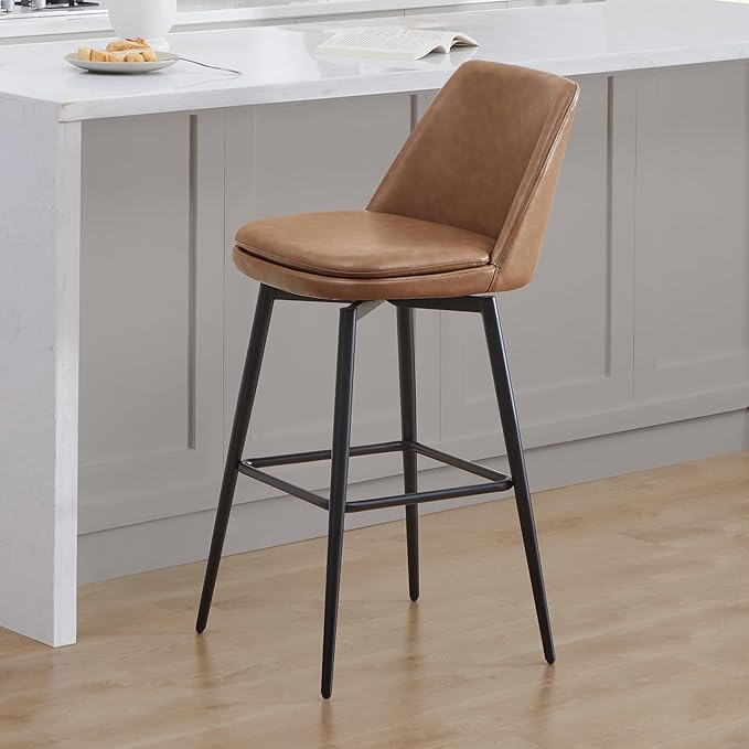 CHITA Swivel Bar Stools, 30.3" Counter Height Bar Stools Set of 2, FSC Certified Upholstered Modern Counter Stools, Metal Legs, Faux Leather, Saddle Brown