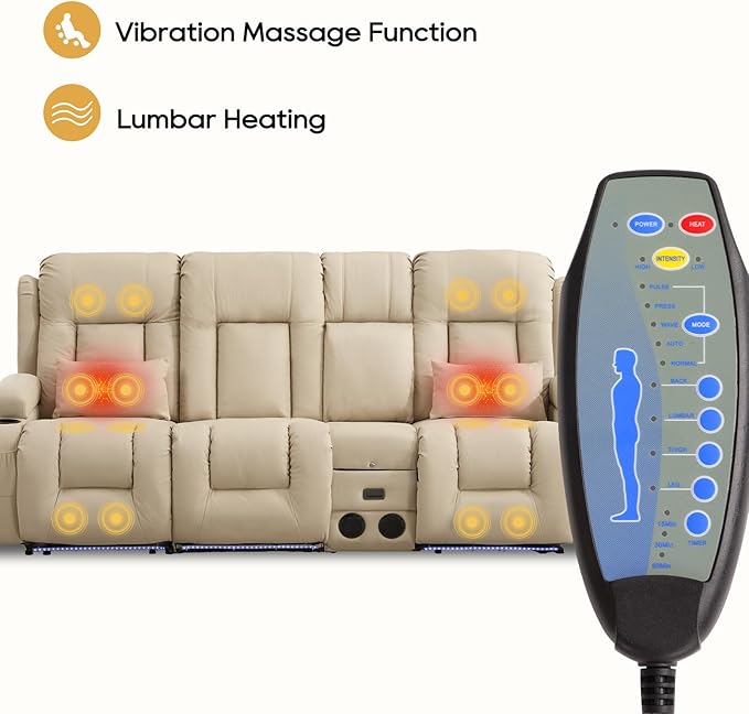 IPKIG Power Recliner Sofa with Flip-Up Backrest Console, USB & USB-C Ports, AC Outlet, LED Lights, Wall Hugger Recliners for Living Room, RV (Beige, 89" - 4 Seat) | Leathaire Fabric, Zero Gravity, Dual Reclining, 2 Lumabr Pillow, Bluetooth Speakers