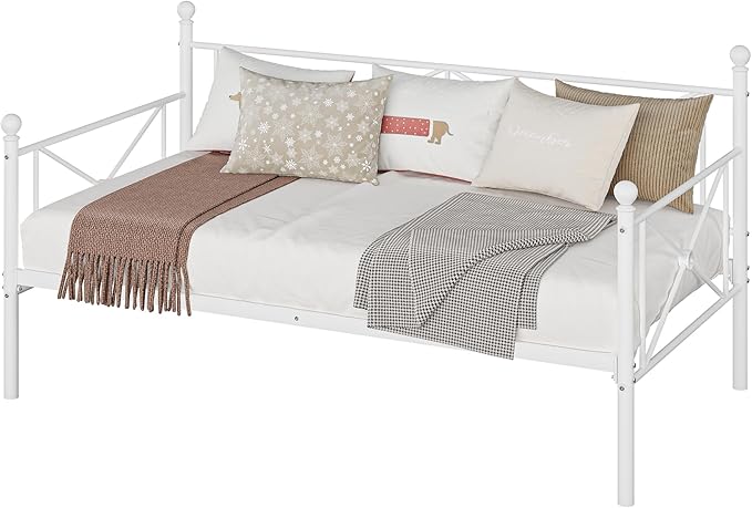 VECELO Daybed Twin Size, Day Bed Frame with Headboard, Heavy-Duty Metal Slats Support Platform for Living Room, Guest Room, Easy Assembly, White
