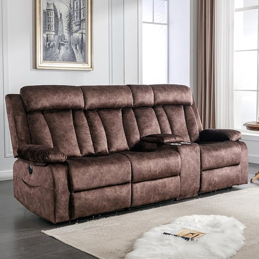 GUEAPY 3 Seat Power Reclining Sofa,Massage Reclining Couch with Heat–Power Reclining Couches with USB/Type-C Ports/Cup Holders/Storage/Console for Living Room,RV,Office, Aprtment (Warm Brown)