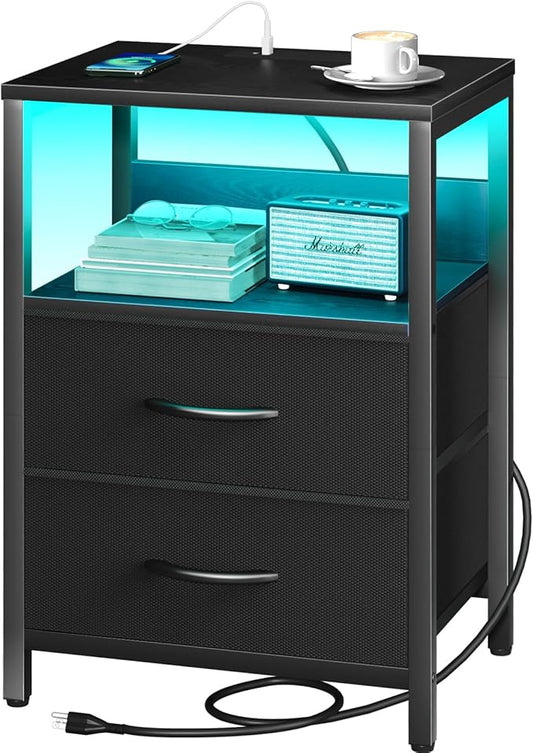 Yoobure Nightstand with Charging Station, LED Night Stand with Fabric Drawers and Storage Shelf for Bedroom, Nightstands Bedside Tables with USB Ports & Outlets, Small Night Stands, Bed Side Table