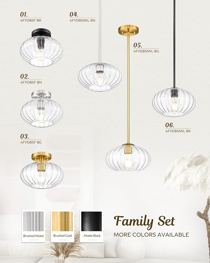 FEMILA 10.3" Brushed Nickel Ceiling Lights, Pumpkin-Shaped Glass Ceiling Light for Living Room, Bedroom, Kitchen, 4FYD85F BN