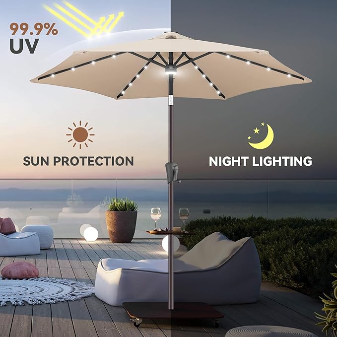 7.5ft Solar Umbrella Outdoor - Lighted Solar Patio Umbrella with 24 LED Lights Waterprool UV Protection, Table Umbrella with Tilt for Pool, Porch, Garden, Deck, Backyard (Beige)