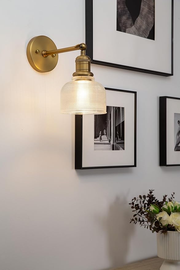 Yosoan Brass Gold Boho Vintage Wall Sconce with Striped Bowl Shade, 1-Light Modern Vanity Industrial Wall Mounted Hardwired Texture Glass Shade for Living Room Bedroom Fireplace Hallway(Antique)