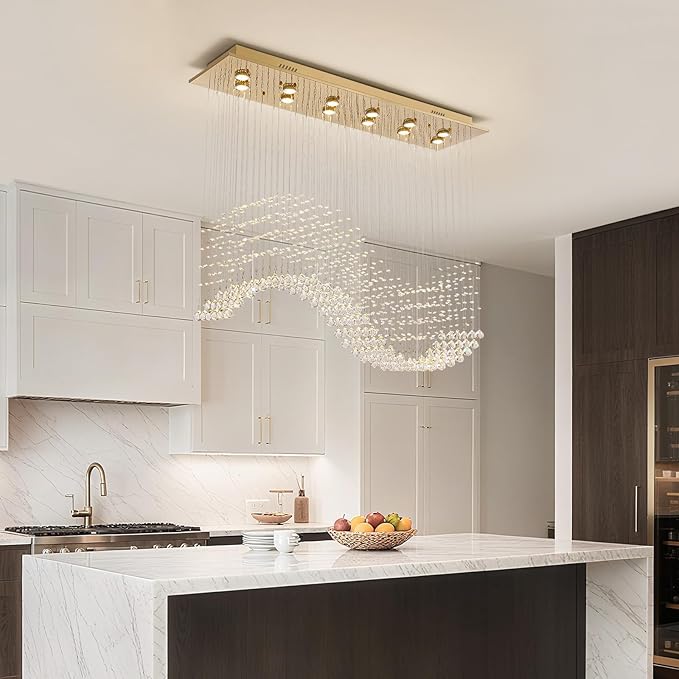 Siljoy 10-Lights Modern Crystal Chandeliers, Luxury Wave Raindrop Crystal Pedant Light Fixture, Rectangular Flush Mount Ceiling Light for Dining Room Living Room Kitchen Island 47 Inch