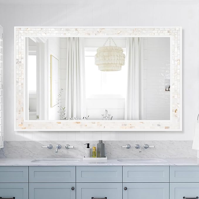 Tanmicoshomy White Framed Rectangle Mirrors 24 x 47 Inch, Coastal Wall Mirrors with Natural Shell for Bathroom, Bedroom or Entryway, Wall Mounted Horizontal or Vertical
