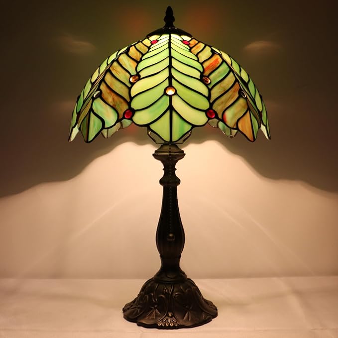 Tiffany Lamp Stained Glass Table Lamp Bedside Reading Light W12H19 Inches (Brown Green Leaf)