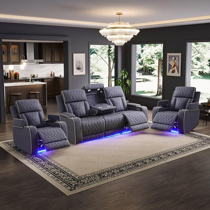 Power Leather Recliner Sofa Set with LED Light,Reclining Sofa and 2*Chairs Set with Coffee Table/USB Charger/Storage,Luxury Leather Couch for Living Room/Home Theater(3+1+1 Seats,Matte Navy)